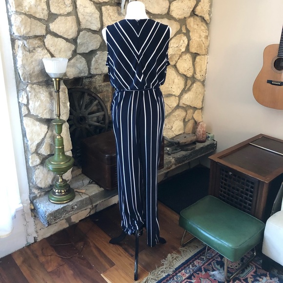 SOLD Chico’s Collection Blue & White Vertical Stripe Belted Jumpsuit Sleeveless - Picture 8 of 14